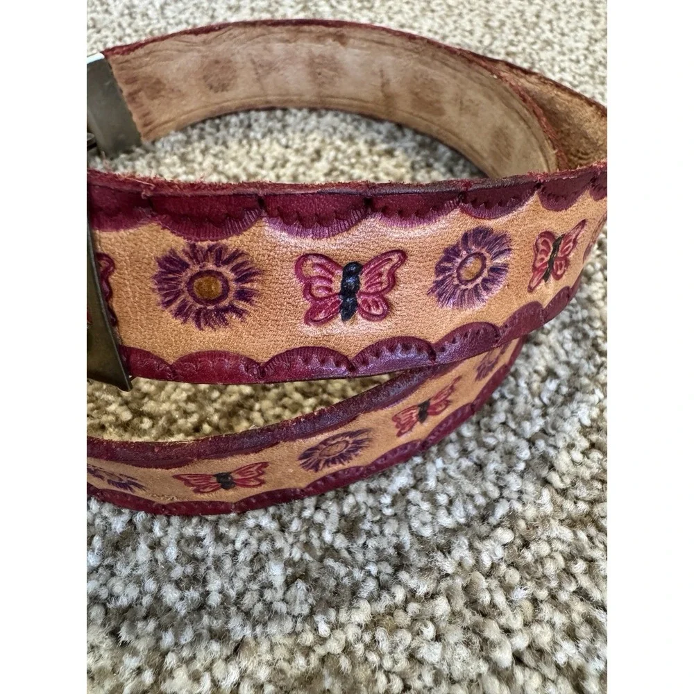 Vintage Girls Leather Belt Flowers And Butterflies Metal Fairy Ethereal